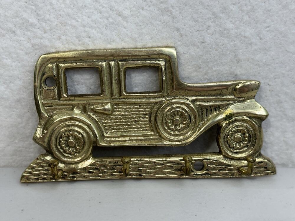 Solid Brass Vintage Car-Shaped Key Holder Hook Wall Decor 4 Hooks Made In India